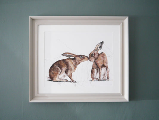 Large Two Hares Print in Bespoke Painted Frame