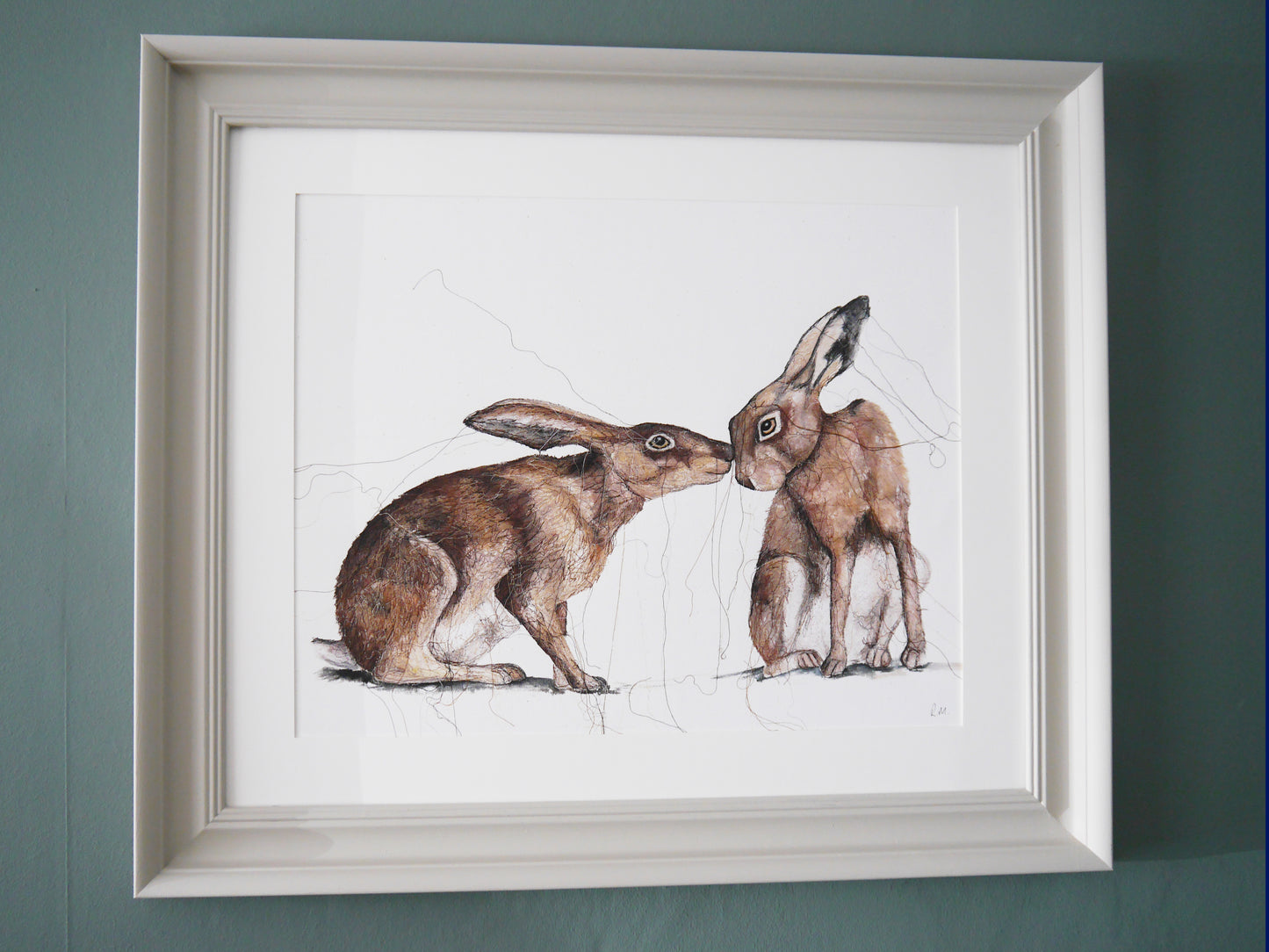 Large Two Hares Print in Bespoke Painted Frame